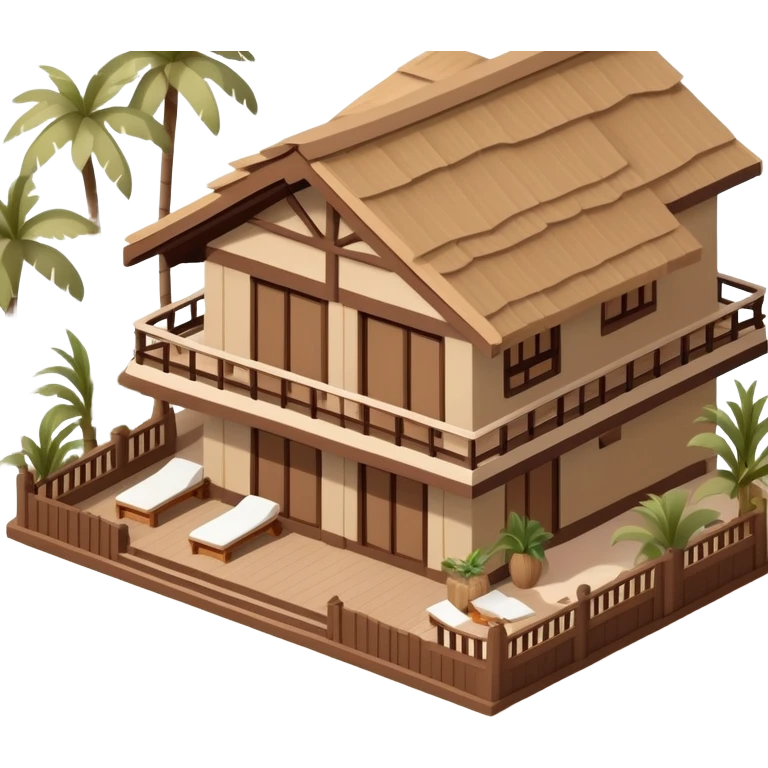 Isometric exterior brown and beige Disney polynesian beach hotel resort, dollhouse style 3D realistic  emoji