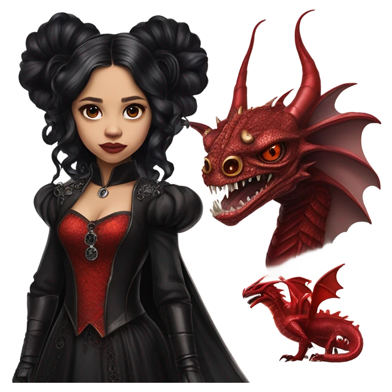 Lavish Victorian evening gown with gloves, Jenna Ortega as Addams girl Jedi wearing a steampunk mini tiara, standing next to a very large blood red evil-looking horned dragon emoji