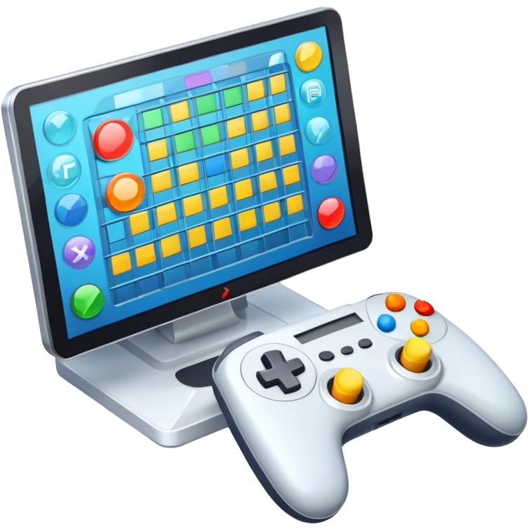 Icon for Game Design: a computer screen with a game interface, game controller, and design elements like a grid and 3D models. Transparent background. emoji