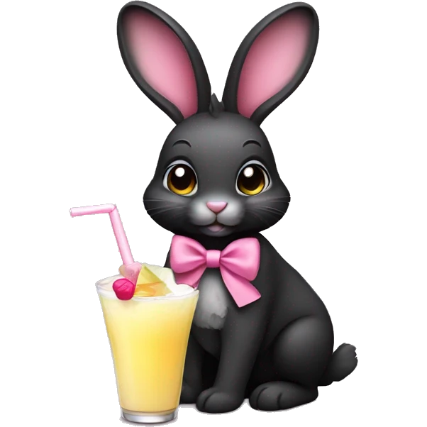 Cute Black rabbit, with big ears, wearing a pink bow, holding a pina colada emoji