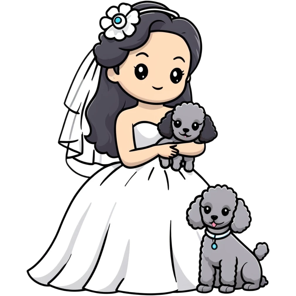 A beautiful girl with long black hair in a wedding dress holds a small gray poodle emoji