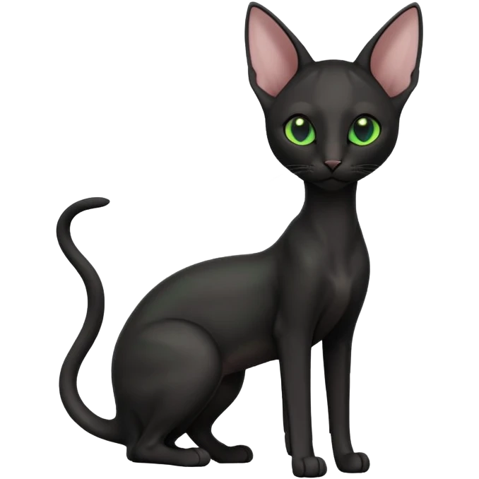 A 3D cartoon black Oriental Shorthair cat with sleek body, tall ears, reflective fur, dark cinematic background, Memoji-style. full body or half body. emoji