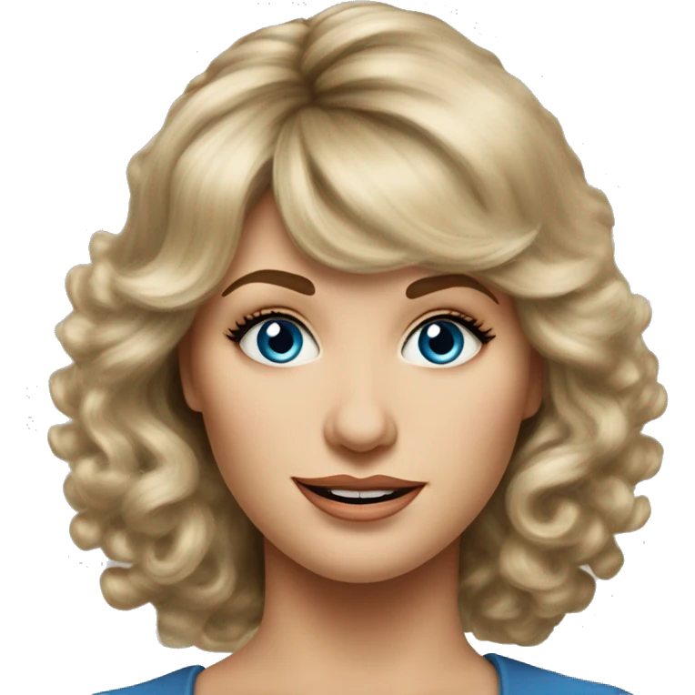 Medium length Dirty blonde poufy hair with bangs all across forehead and sides swept away from face business woman of 60 with blue eyes  emoji