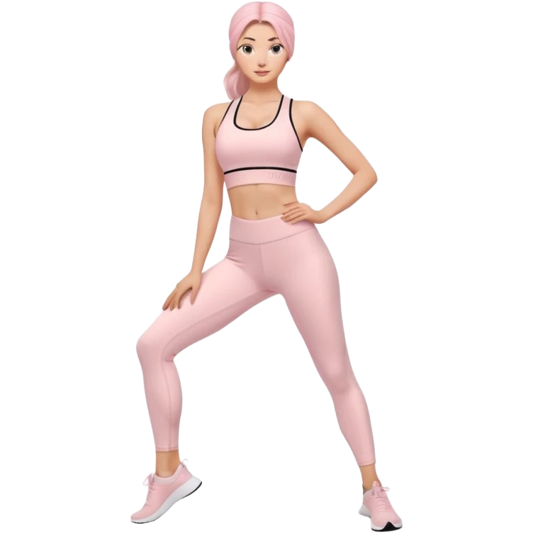 trendy yoga outfit emoji, matching sports bra and high-waisted leggings pastel pink, ribbed texture tiny logo, soft flexible fabric, modern empowering style emoji