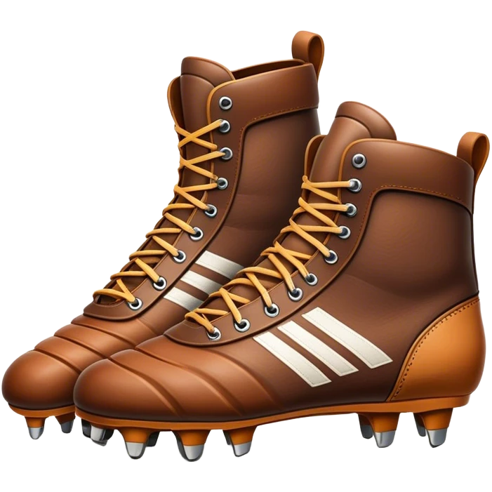 Cinematic Realistic image of a pair of rugby boots, showcasing sturdy leather construction, detailed cleat patterns and textured surfaces, illuminated by vibrant outdoor lighting that captures their athletic purpose emoji