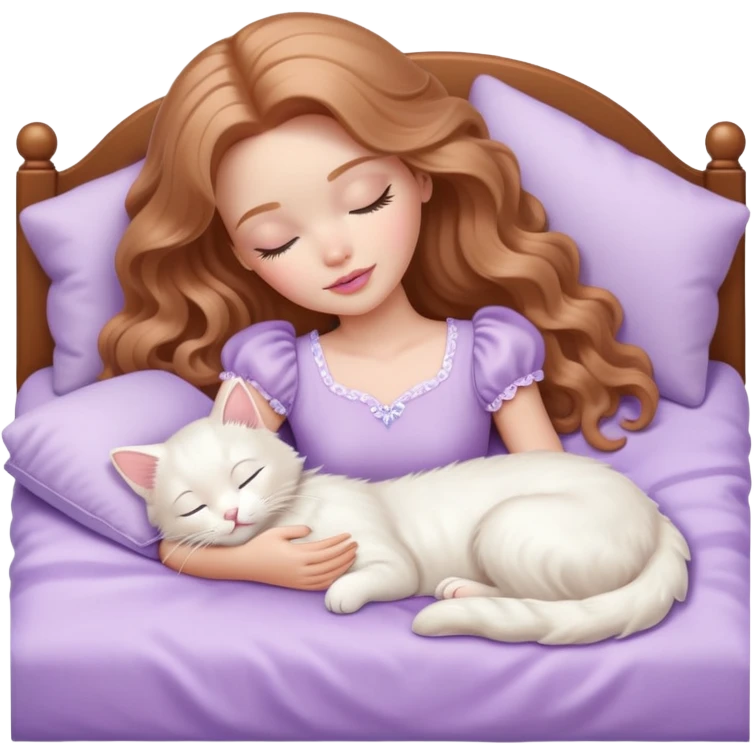 White Barbie girl Chestnut long wavy hair sleeping with white kitty at pale lavander bed emoji