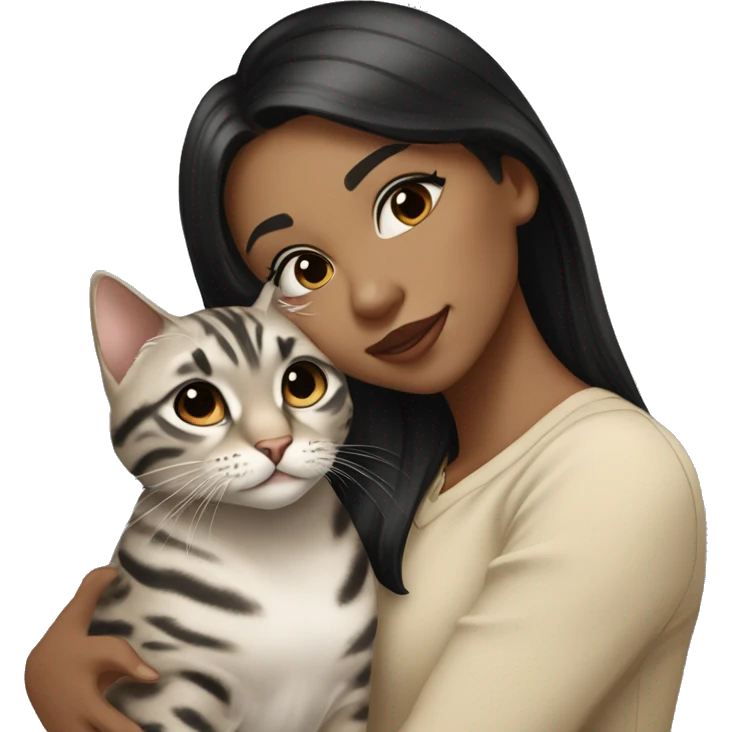 Girl with light skin, black eyes, shoulder length straight black hair, wears a beige blouse outfit, kissing a silver bengal cat  emoji