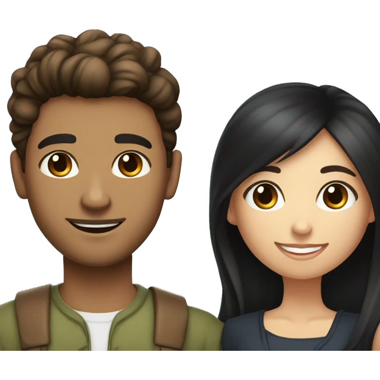 Long  brown hair woman blue eyes with man with olive skin with short black hair happy together  emoji