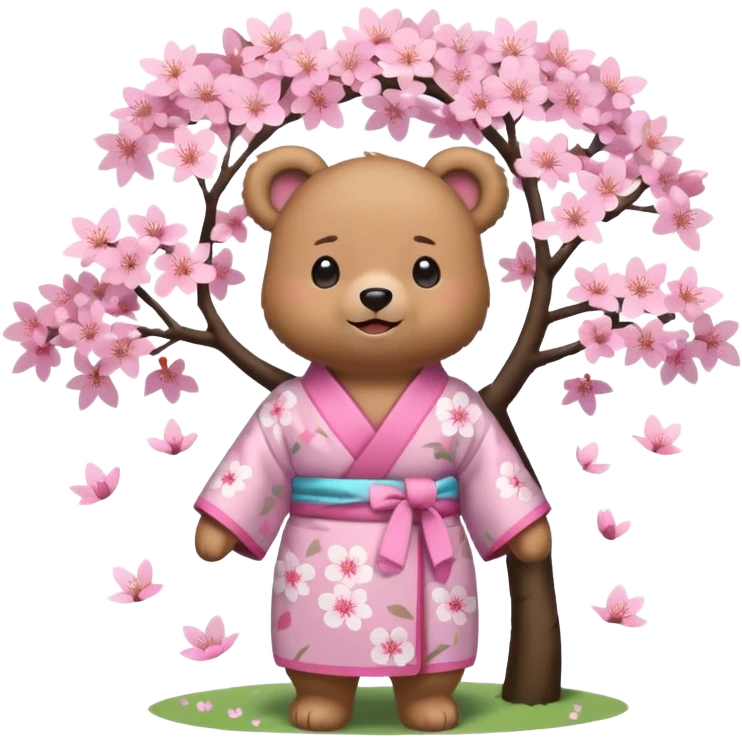 A cute light-brown bear wearing a pastel pink sakura-patterned kimono, normal balanced body ratio.  
Standing under a blooming sakura tree, looking up at falling pink petals with a soft amazed smile.  
Kawaii emoji style, minimalistic clean sticker illustration, simple scenic background. emoji
