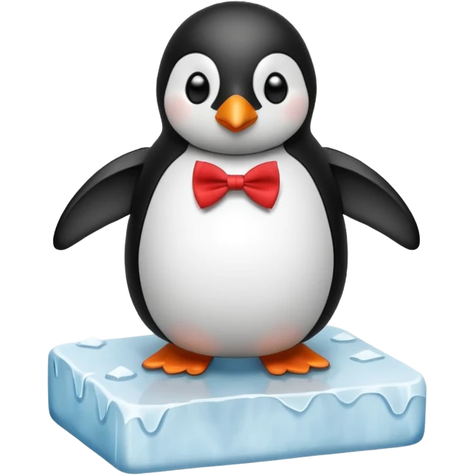 penguin, red bow tie, standing on small ice melting block emoji