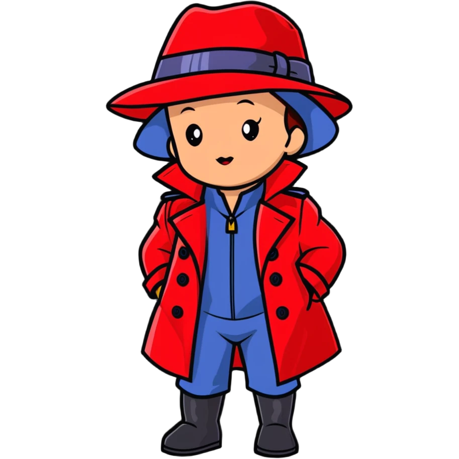 Baby Carmen Sandiego in red trench coat and hat, cute detective emoji