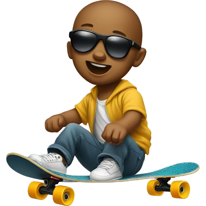 Infant doing kickfip on skateboard wearing sunglasses emoji