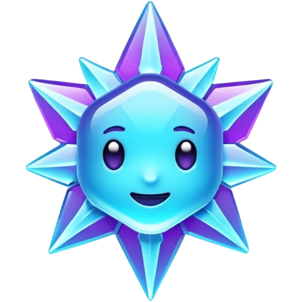 Futuristic glowing ice crystal emoji, icy neon cyan highlights, purple neon accents, dark background, digital tech style, no face. emoji