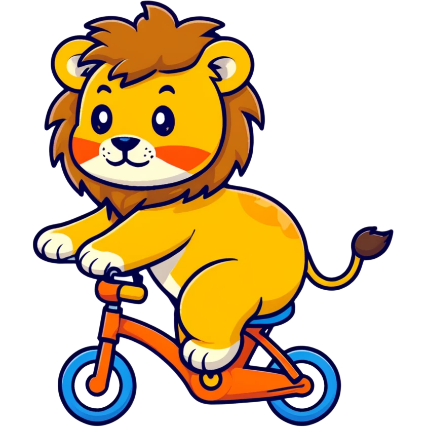 lion riding a bike, cartoon sticker style emoji