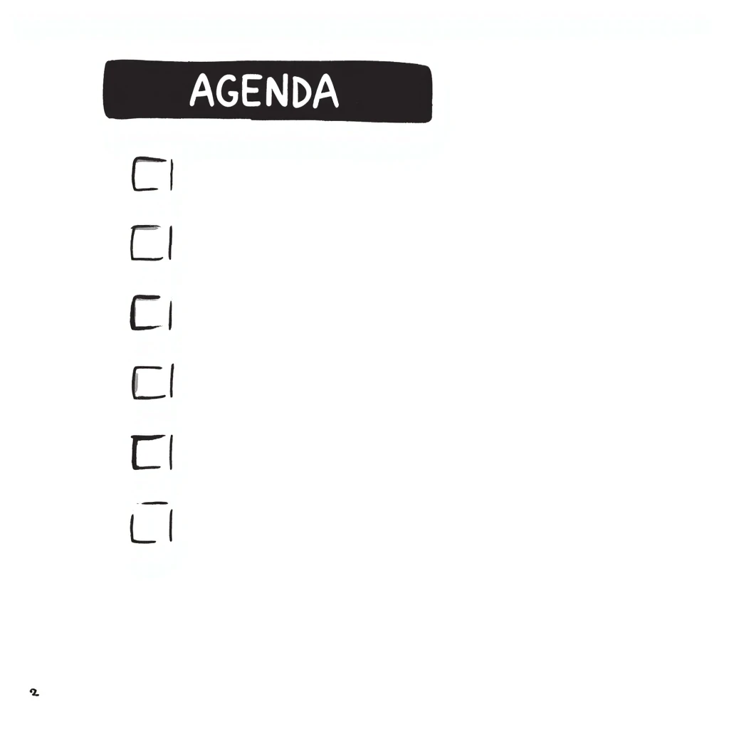 A notebook with 'AGENDA' written on top and meeting items listed below emoji