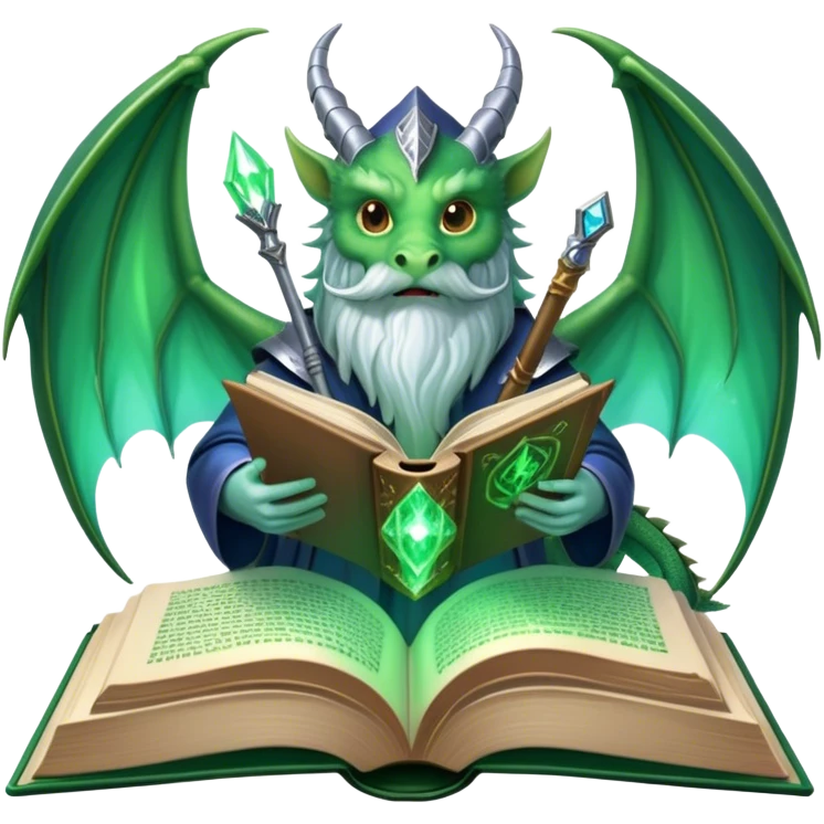 Icon for Fantasy and Sci-Fi Literature: a magical book with glowing pages, surrounded by a dragon, a spaceship, and a wizard with a staff. The icon should capture the adventurous and imaginative world of fantasy and science fiction. Transparent background. emoji