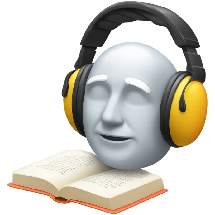 A minimalist emoji in iPhone style, showing an open book wearing over-ear headphones, with bright colors and a transparent background. emoji