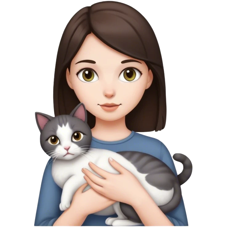 brunette white girl holding dark gray and white cat emoji