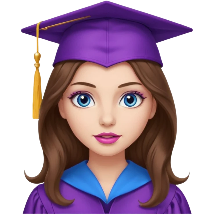 girl with very long wavy brown hair, blue eyes, long lashes makeup, sexy pink lips, wearing a purple graduation cap and gown emoji
