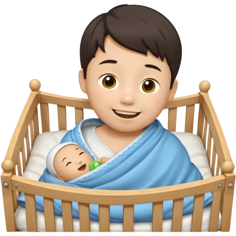 swaddled Asian boy with pacifier in wooden crib, emoji style emoji