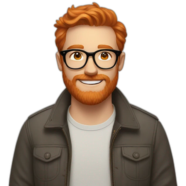 White man with reddish orange hair and beard, wears tortoise shell glasses from warby parker and has dimples emoji
