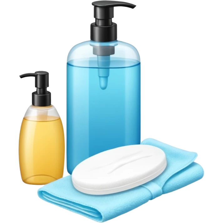 big (1L) bottle of shampoo, disposable gloves and cotton pads (for makeup) are standing on a table emoji