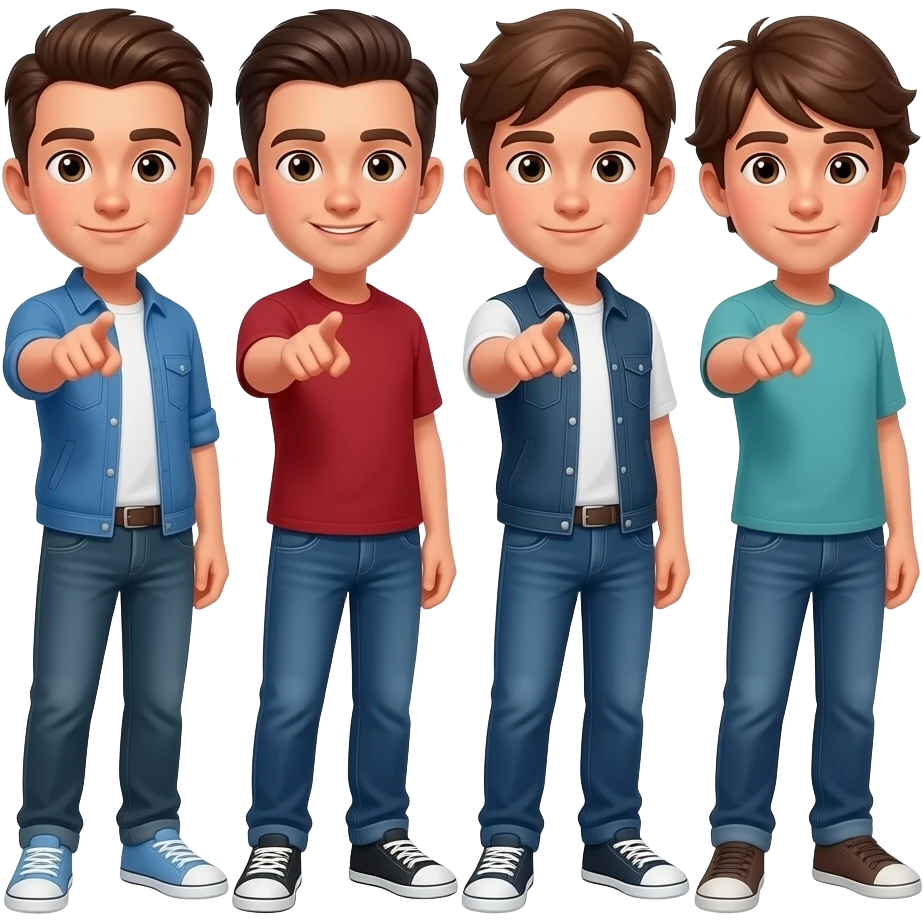 Hazme unos 4 chicos burlandose de alguien i aseñalandolo para delante, que se les vea todo el cuerpo i que sean niños guapos i uno que tenga un peinado de chulito emoji