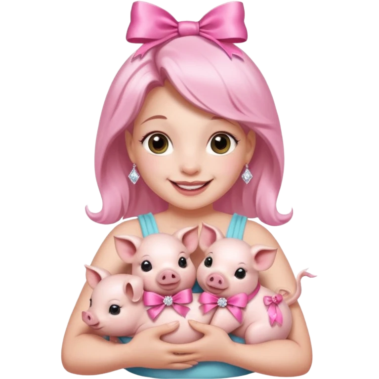 woman holding baby pigs with ribbons and crystals emoji