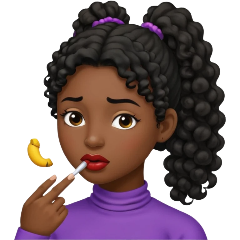 emoji sucking its lips in with one eyebrow up and the other one down dark skin and curly hair in a ponytail emoji