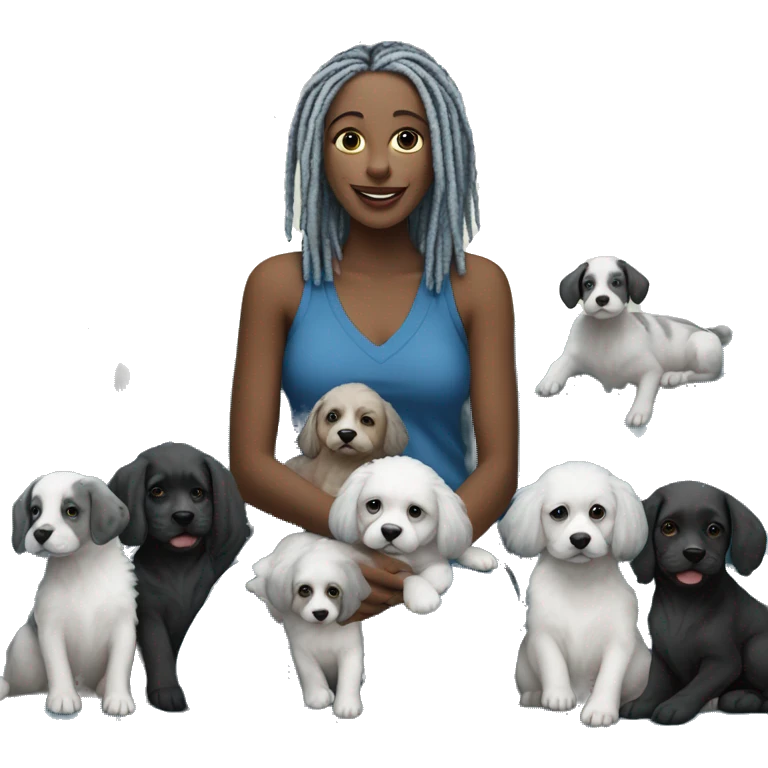 Fair skinned lady with gray dreadlocks sitting on blue sectional sofa with 9 black and white puppies  emoji