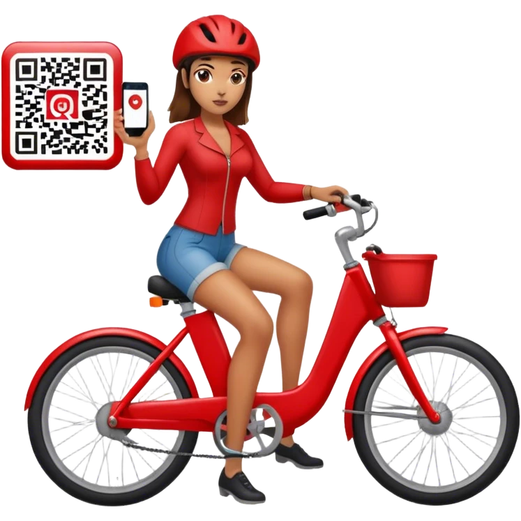 QR code on a red bike and a woman scanning the code standing next to the bike a few feet away emoji