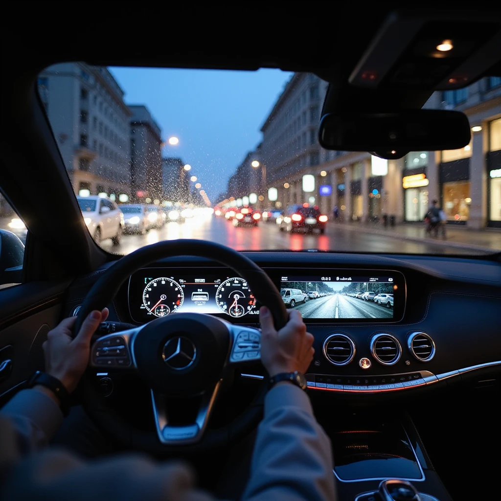 Modern Mercedes S-Class 2024 interior, immersive cockpit POV, left hand on steering wheel, night cityscape of Bucharest through rainy windshield, ambient lighting, digital displays, city traffic ahead, no text or misspellings, highly realistic emoji