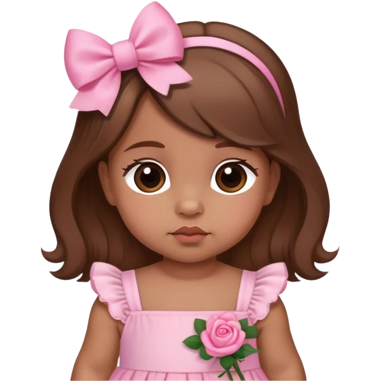 Brown hair medium skin tone baby girl with bows on her hair wearing a dress with pink roses on it emoji
