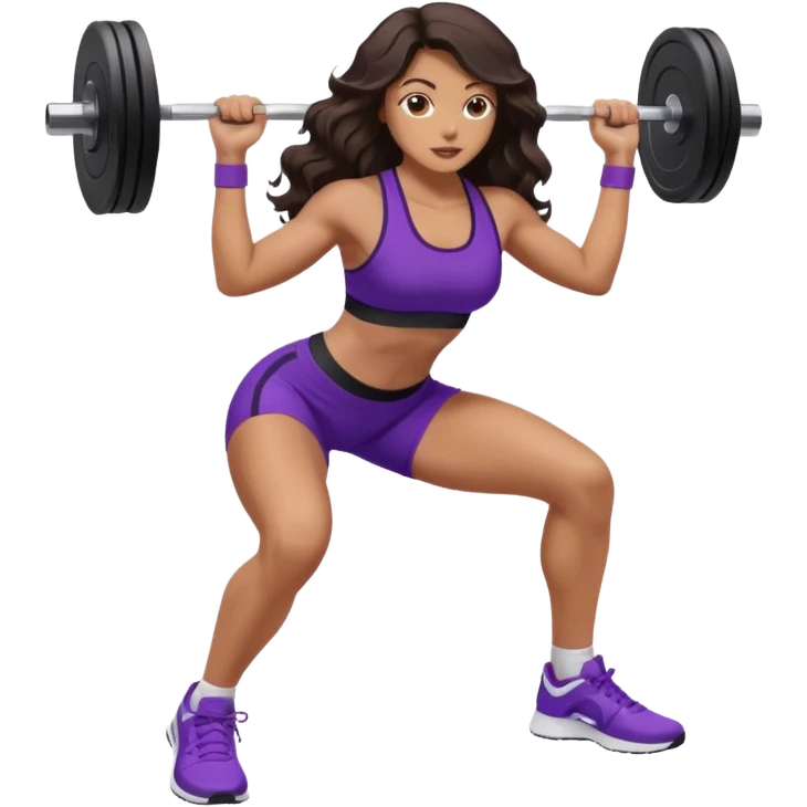 mujer de tez trigueña, con cabello castaño oscuro ondulado no muy marcado, hasta las nalgas super largo estilizado, con ropa deportiva morada/lila, tenis blancos deportivos y levantando una pesa emoji