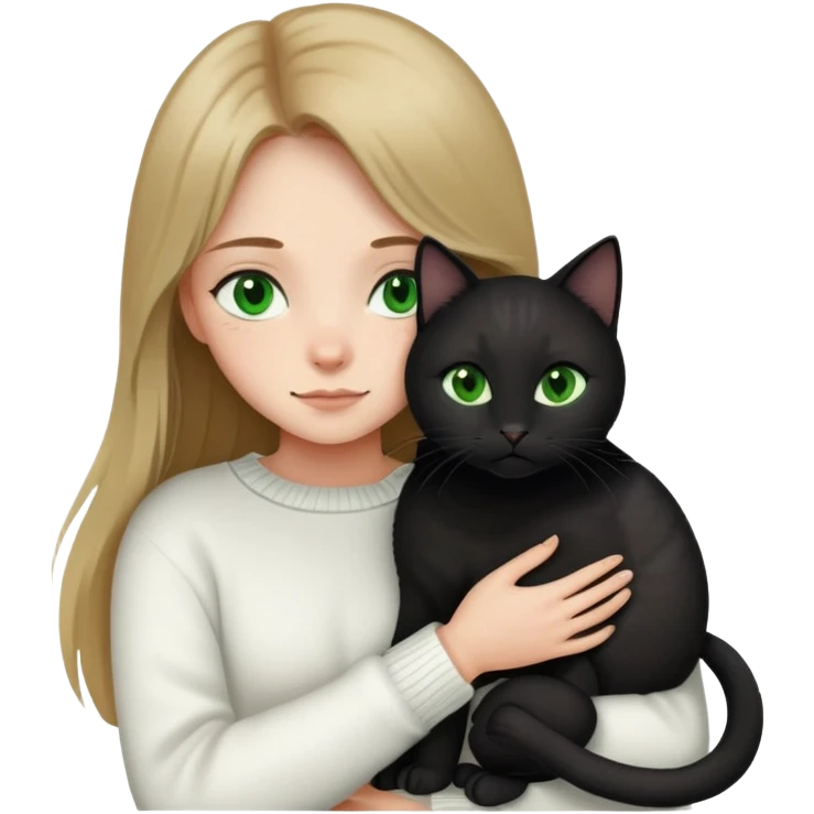 a girl with long, dark blond hair and green eyes, a white sweater, and hugs a black cat emoji