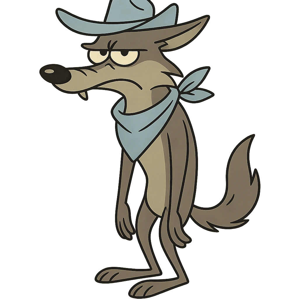 grey coyote, less anthropomorphic, light blue cowboy hat and neckerchief, standing, flat toon style emoji