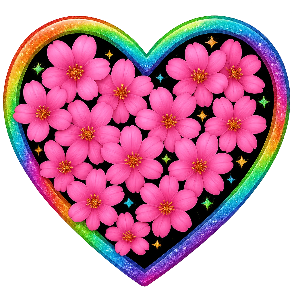 Replace the shimmer effect with a rainbow shimmer on the gold and silver sparkles of the heart surrounded by sakura petals in the style of apple emojis, no background. emoji