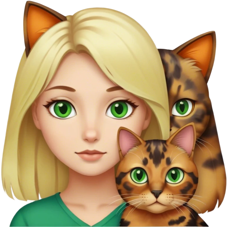 Blonde girl with green eyes and tortoiseshell cat emoji