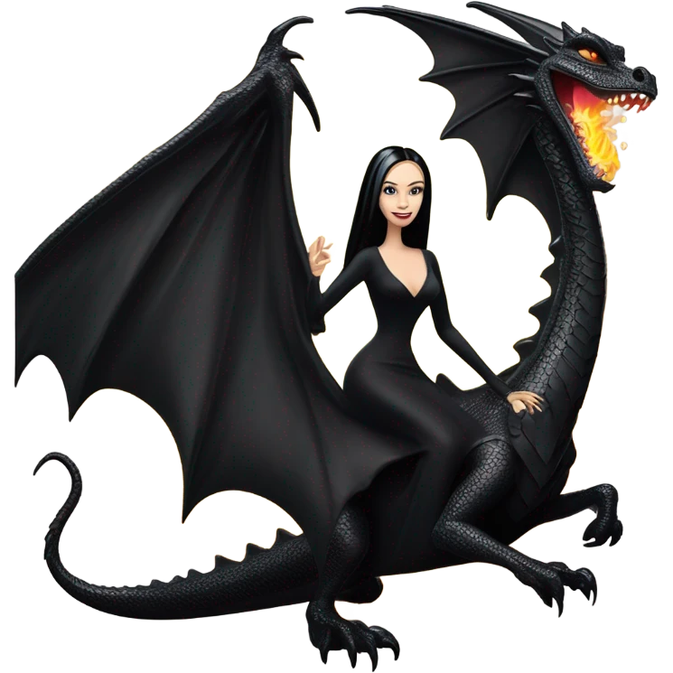empowered beautifully dressed teen Morticia Addams Malibu Beach Barbie Jedi flying/riding on the back of a very large black shiny evil-looking fire-spewing horned dragon. proper scale emoji