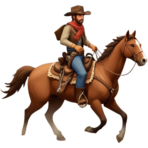 An icon representing an adventure game, inspired by Red Dead Redemption II. The design features a rugged cowboy riding a horse through a vast, open landscape with mountains, deserts, and wild animals. The atmosphere conveys exploration, action, and the thrill of the journey. Transparent background emoji