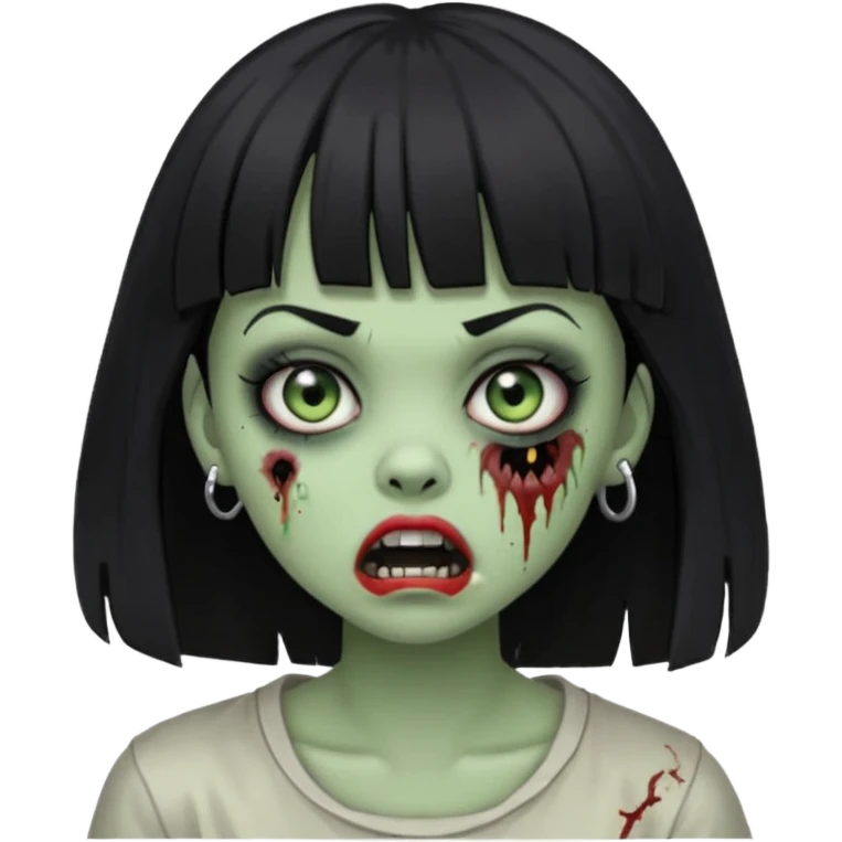 Girl with black hair and bangs, side mouth piercing scared in the form of a zombie emoji