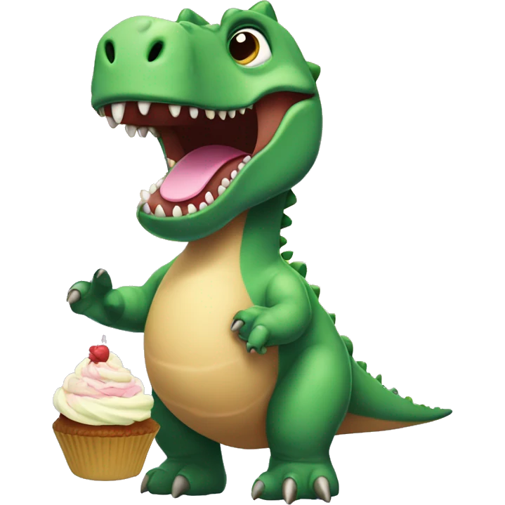 Dinosaur holding a cupcake under a rainbow emoji