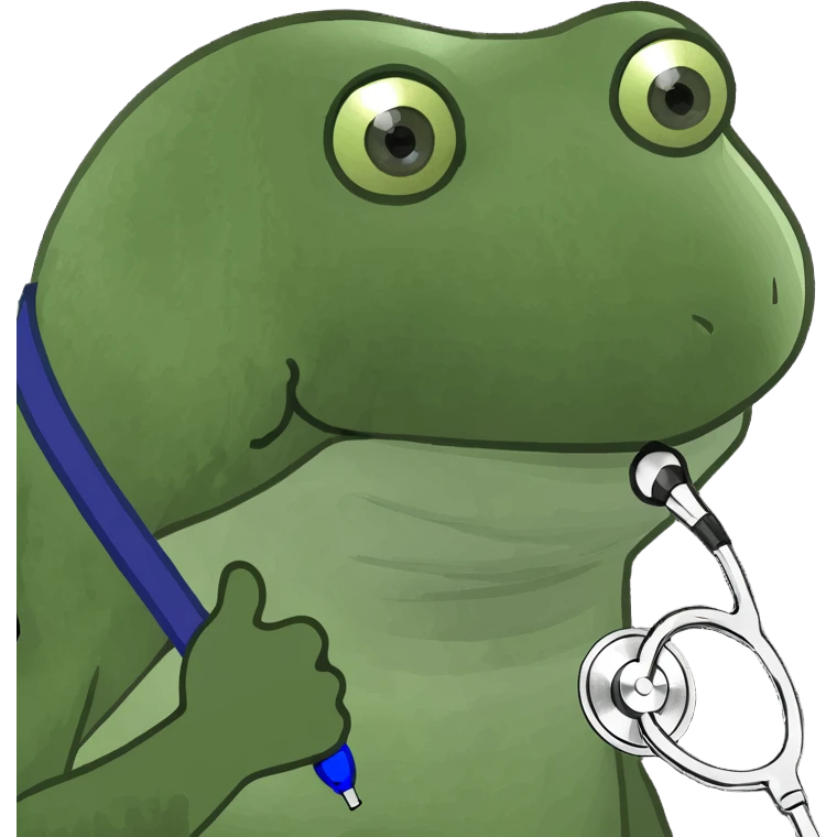 Make the baby oil bottle look like a doctor with a stethoscope or medical hat, in the green bufo frog meme style, no background. emoji