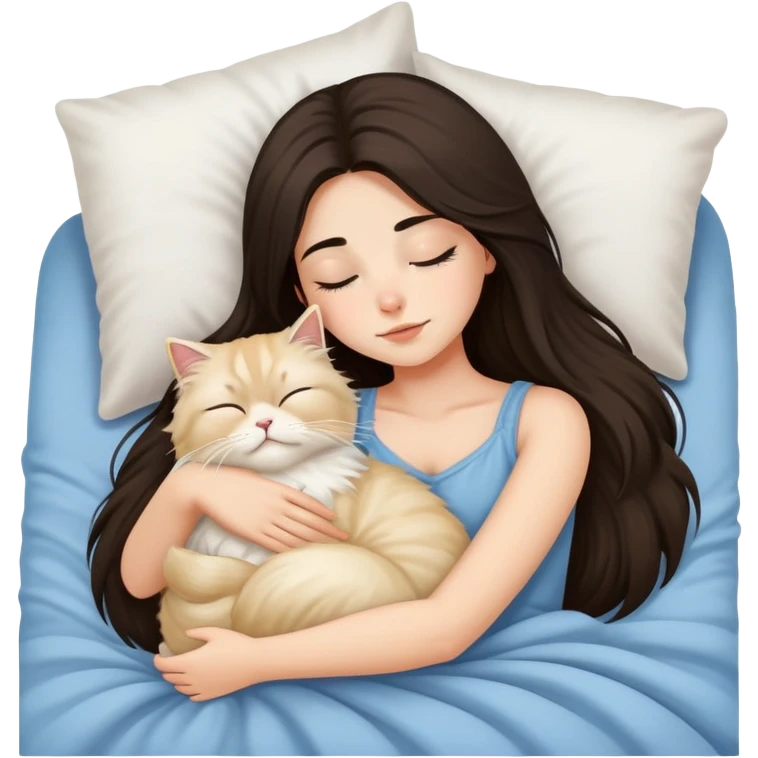pretty girl with dark long hair sleeping with blonde fluffy  persian cat in bed emoji