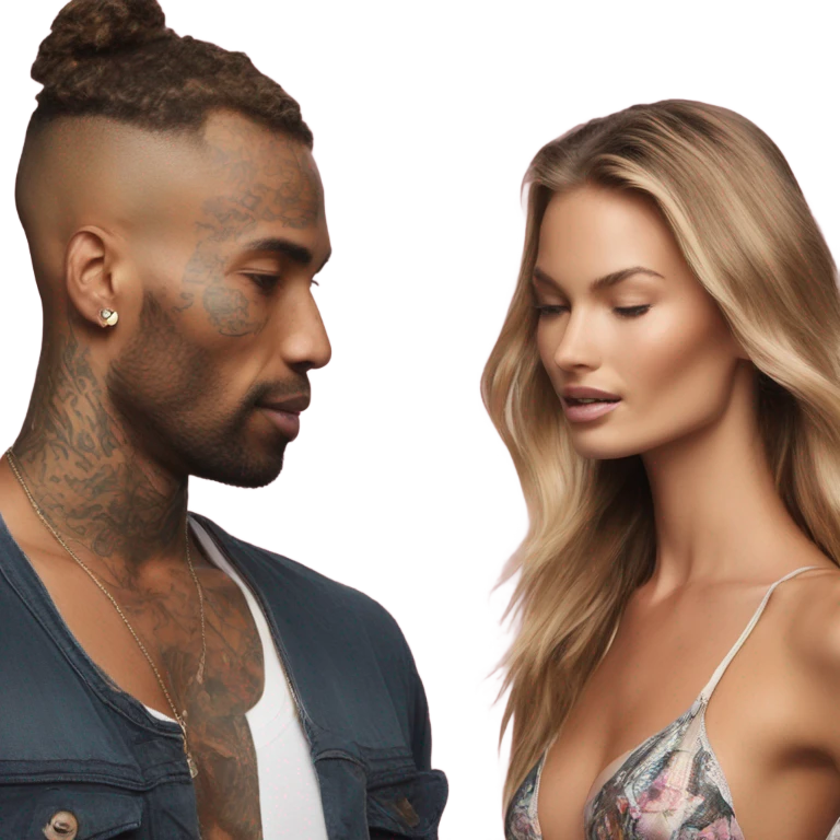 Photo of Victoria secret model having a serious conversation with a tattooed male model  emoji