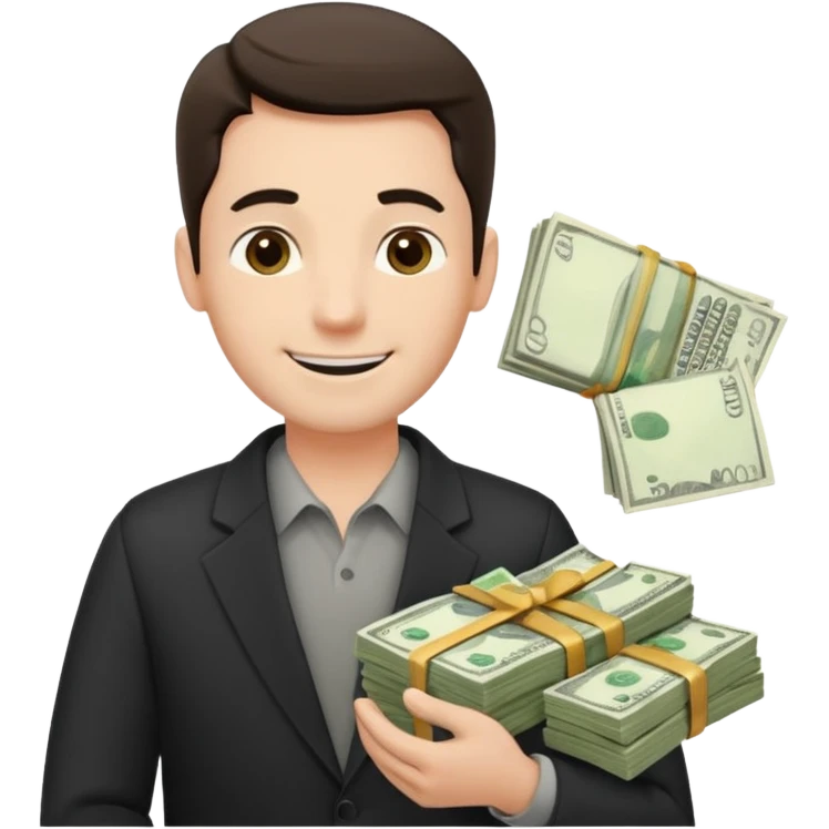 un chef d'entreprise en train de compter sa montagne de billet derrière lui une file de client qui entre dans son magasin pendant qu'à cote un autre chef d'entreprise poche vide pas de client  emoji