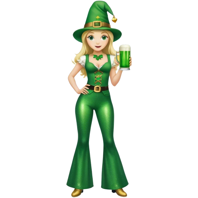 Blonde haired pretty woman in glittery green bell bottoms and tall leprechaun hat holding a green beer emoji