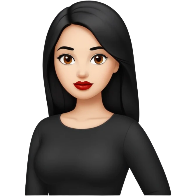 Confident curvier young woman with oval face, elegant features, medium brown skin, dark brown eyes, arched eyebrows, red lipstick, long black hair, fuller figure, wearing a black top emoji