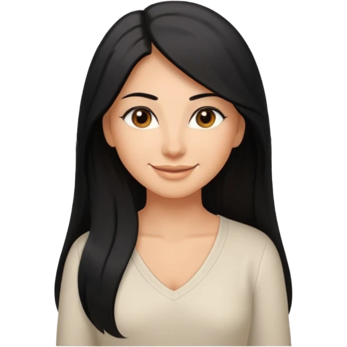 medium tan woman with long black hair past middle of back, round brwn eyes, white v neck blouse smiling. emoji