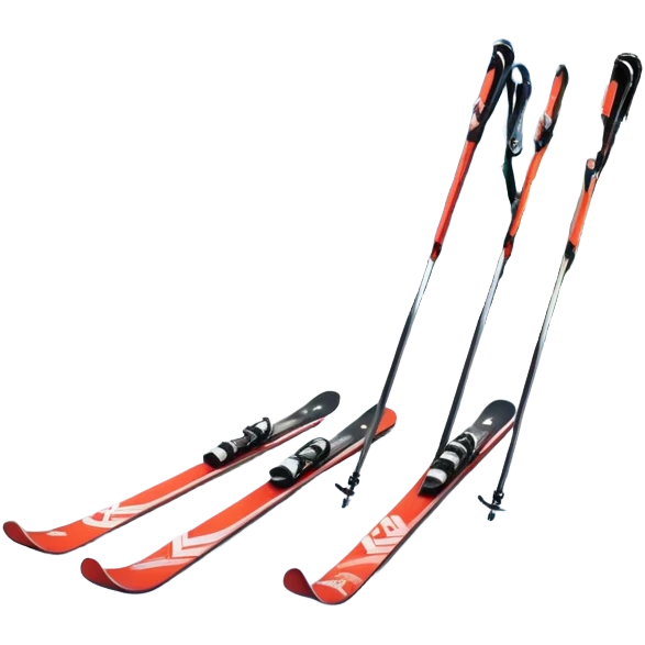 An icon featuring a pair of skis and ski poles in the foreground, set against a picturesque snow-covered slope. The background includes snowy peaks and evergreen trees, symbolizing the excitement and beauty of winter sports. Transparent background highlights the thrill of skiing and snowboarding. emoji